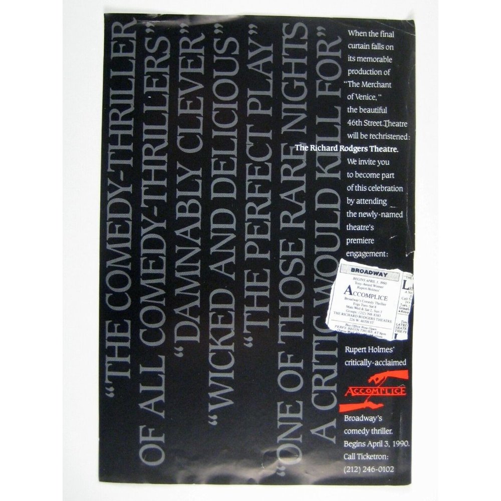Rupert Holmes' Accomplice Flyer ONLY Theatre 1990 Broadway's Comedy Thriller